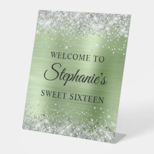 Signe De Table Fête d'anniversaire 16 ans Glitter Argent Vert Feu