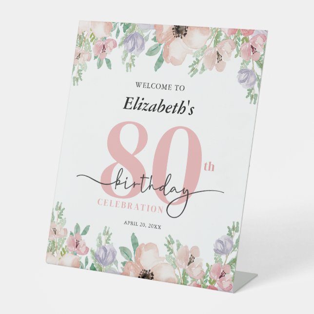 Signe De Table Fête d'anniversaire 80 ans élégante florale pastel (Recto)