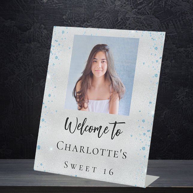 Signe De Table fête d'anniversaire argent bleu parties scintillan (Créateur téléchargé)