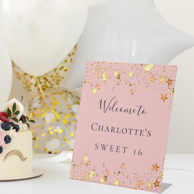 Signe De Table fête d'anniversaire blush rose or étoiles bienvenu (Créateur téléchargé)