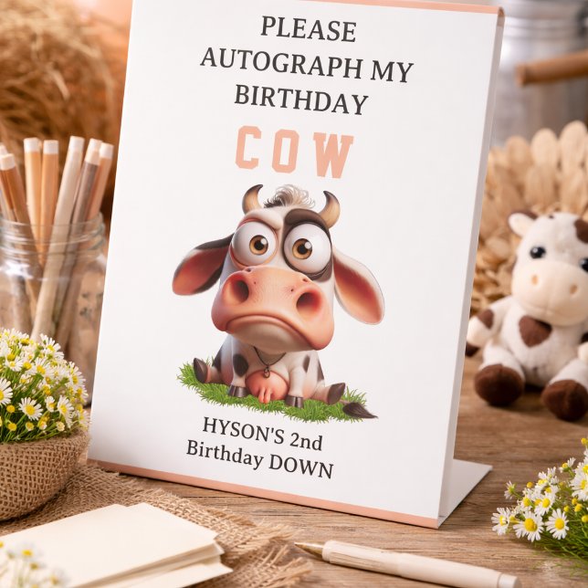 Signe De Table Fête d'anniversaire de 2 ans avec des animaux de f (Cute Cow Farm Animals 2nd Birthday Party Pedestal Sign
)