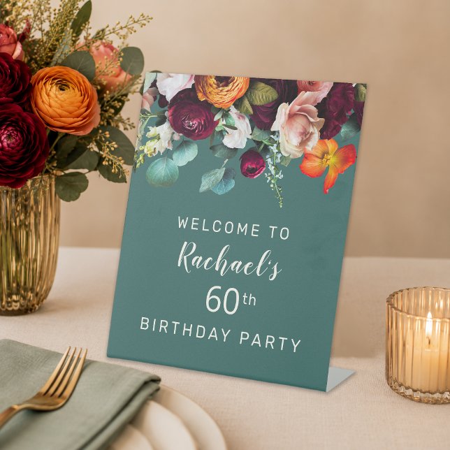 Signe De Table Fête d'anniversaire de 60 ans avec fleurs modernes (Créateur téléchargé)