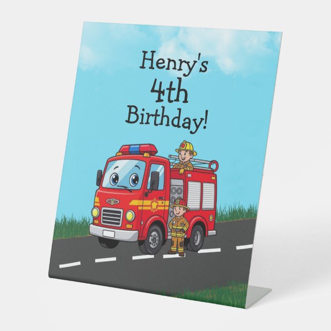 Signe De Table Fête d'anniversaire du camion-feu pour enfants (Recto)