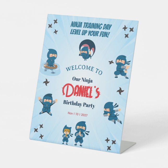 Signe De Table Fête d'anniversaire garçon Escouade Ninja Bleu Mig (Recto)