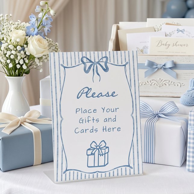 Signe De Table Fête de bébé à thème rayure et noeud bleu aquarell (Créateur téléchargé)