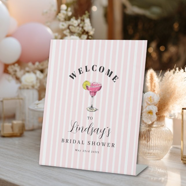 Signe De Table Fête de Fiançailles avec Cocktail à Rayure Rose (Pink Stripe Cocktail Bridal Shower Party Pedestal Sign)
