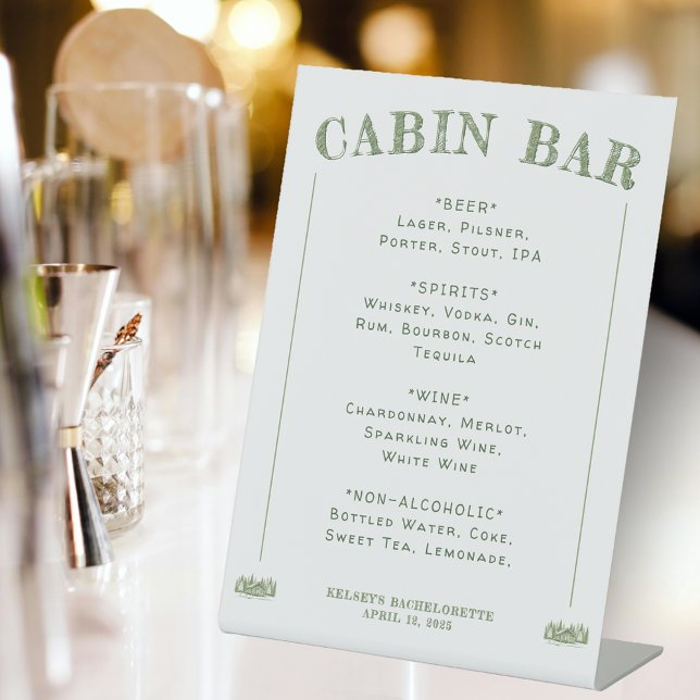 Signe De Table Fête de Fiançailles de la Cabane Verte (Cabin Bar Green Camp Bachelorette Party Pedestal Sign
)