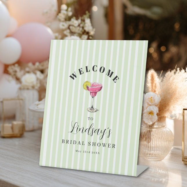 Signe De Table Fête de Mariage avec Cocktail Green Stripe (Green Stripe Cocktail Bridal Shower Party Pedestal Sign)