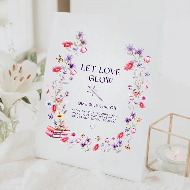 Signe De Table Fête de mariage champêtre Lavande Laissez l'amour  (Romantic wildflower “Let Love Glow” sign for an elegant bridal shower.)