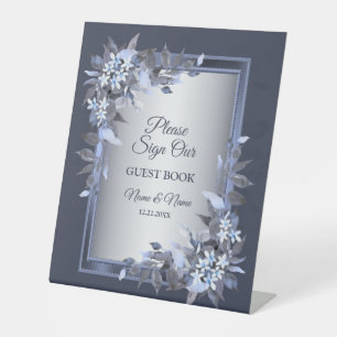 Signe De Table Fête de mariage Marine bleu Floral Argent gris élé