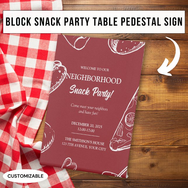 Signe De Table Fête de quartier rouge bloc nourriture snack party (Créateur téléchargé)