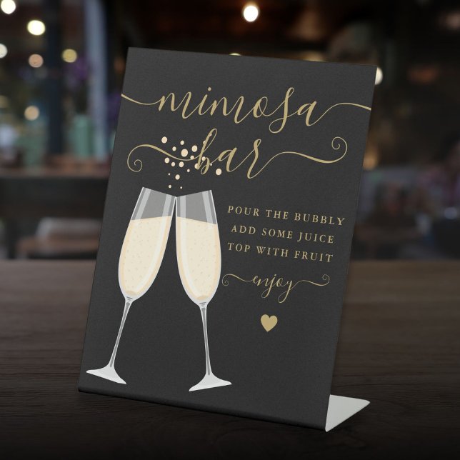 Signe De Table Fête des mariées Bar Mimosa Mariage Noir Et Or (Mimosa Bar Bridal Shower Wedding Black And Gold Pedestal Sign)