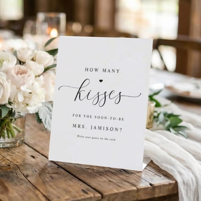 Signe De Table Fête des mariées Combien De Baisers Jeu Élégant Si (How many kisses - Elegant Bridal Shower Game Sign)
