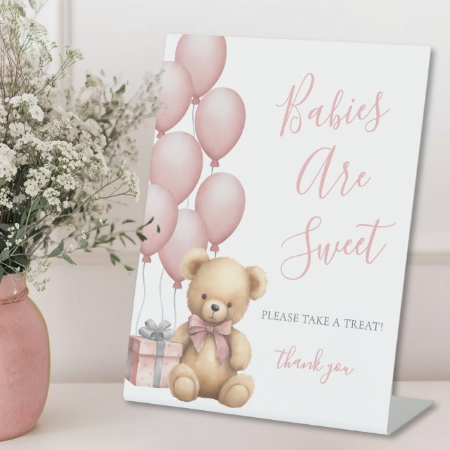 Signe De Table Fête Prénatale Ourson Sucreries Roses (Bear Baby Shower Pink Sweets Pedestal Sign)