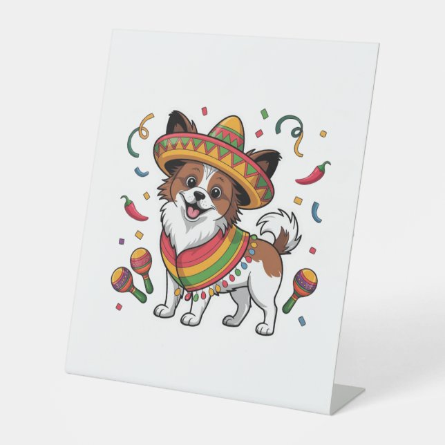 Signe De Table Fiesta Papillon Chien portant Sombrero et Sarape (Recto)