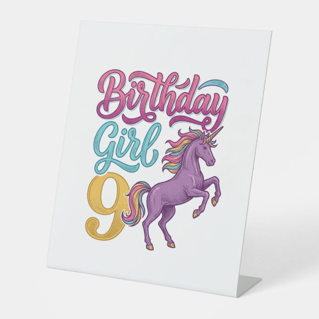Signe De Table Fille d'anniversaire 9 Licorne Dessin de gravure v (Recto)