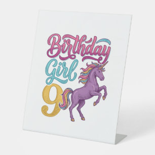Signe De Table Fille d'anniversaire 9 Licorne Dessin de gravure v