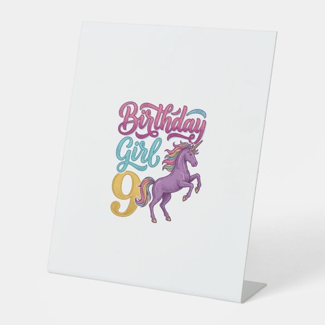 Signe De Table Fille d'anniversaire 9 Licorne Dessin de gravure v (Recto)