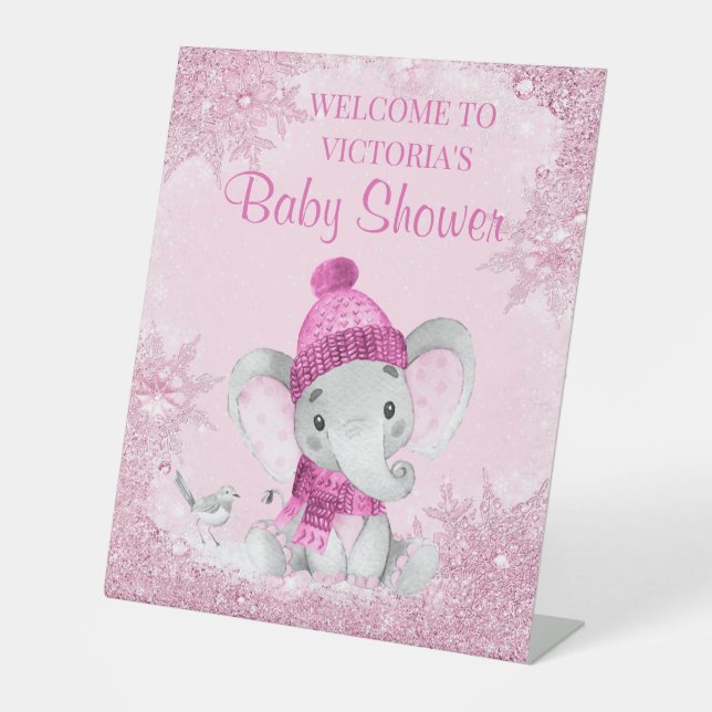 Signe De Table Fille Éléphant Hiver Baby Shower Table de Bienvenu (Recto)