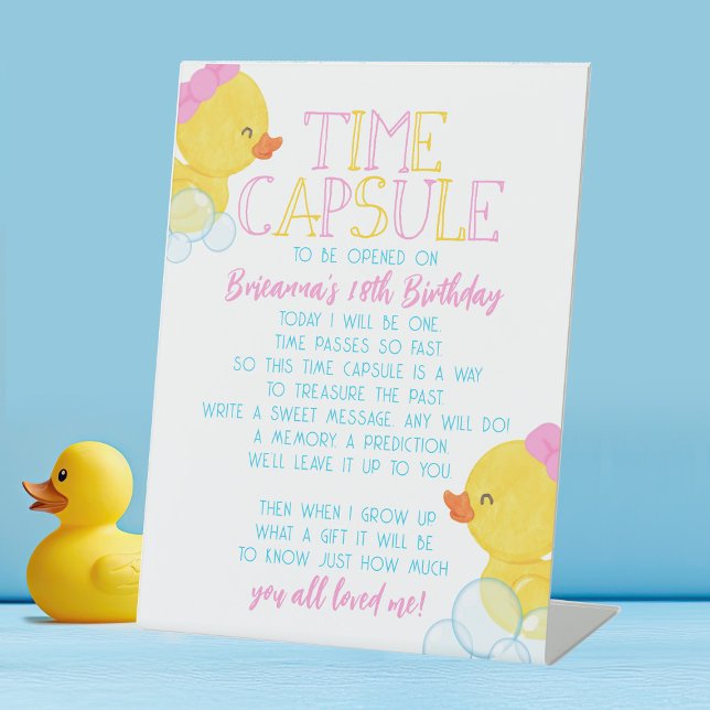 Signe De Table Fille Temps Capsule Caoutchouc Canard 1er Annivers (Girl Watercolor Rubber Duck Time Capsule Party Sign for Ducky 1st Birthday)