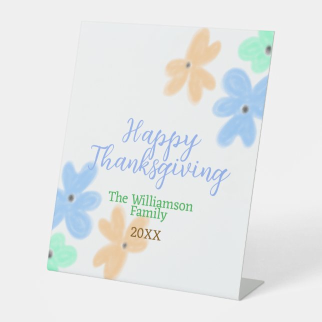 Signe De Table Fleur d'aquarelle bleu orange vert hiverMerci (Recto)