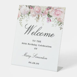 Signe De Table Fleur rose blanche 80e anniversaire Bienvenue