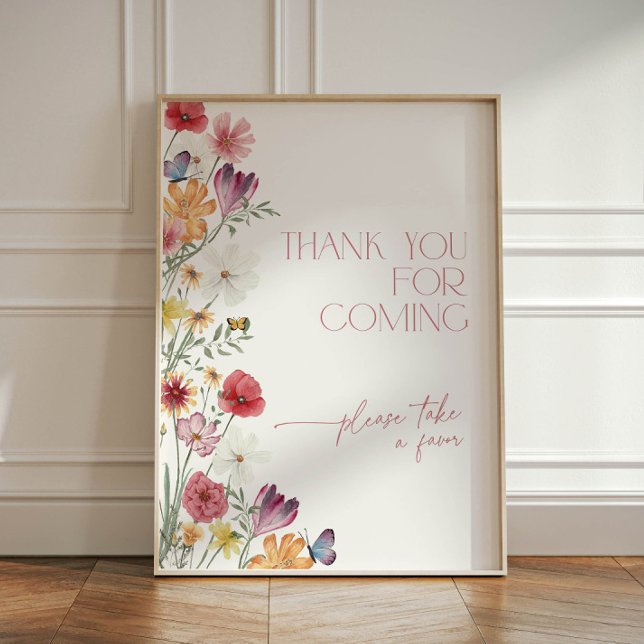 Signe De Table Fleur sauvage et papillons Merci pour venir (Wildflower and butterflies thank you for coming sign)