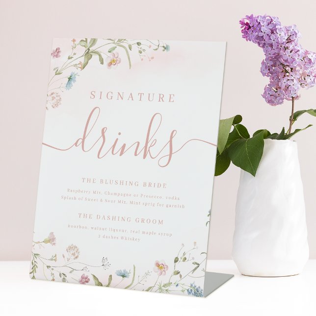 Signe De Table Fleur sauvage rose rustique Mariage Signature Bois (Pink Wildflower rustic Wedding Signature Drinks Pedestal Sign)