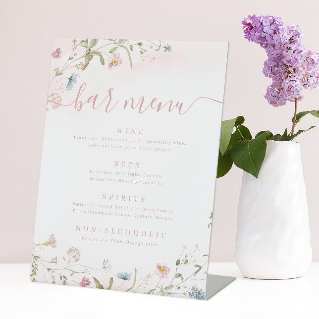 Signe De Table Fleur sauvage rose script rustique Barre Menu (Pink Wildflower script rustic Bar Menu Pedestal Sign)