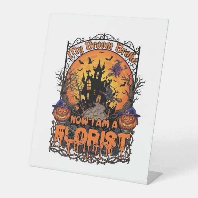 Signe De Table Fleuriste Balai Cassé Sorcière Halloween Citrouill (Recto)