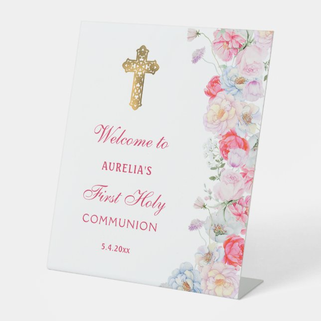 Signe De Table Fleurs aquarelles Accueil Première communion (Recto)