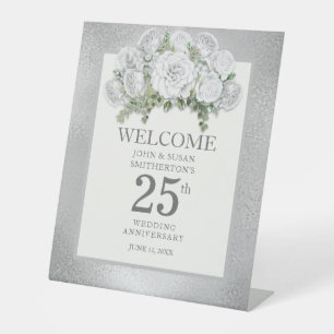 Signe De Table Fleurs blanches argentées 25e anniversaire de mari