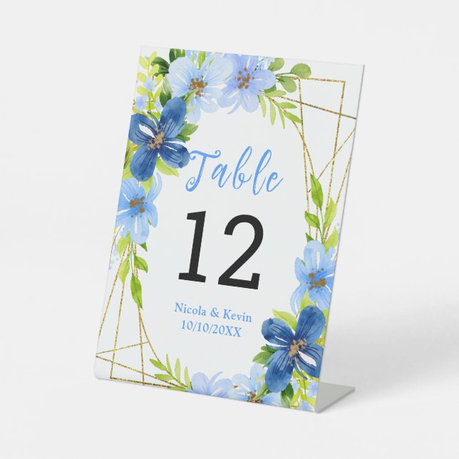 Signe De Table Fleurs bleues et navy avec feuillage  (Recto)