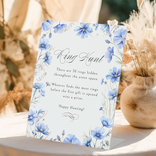 Signe De Table Fleurs Bleues Floral Fête des mariées Ring Jeu (Ring Hunt Game Sign with editable instructions from Something Blue Floral Bridal Shower Collection)