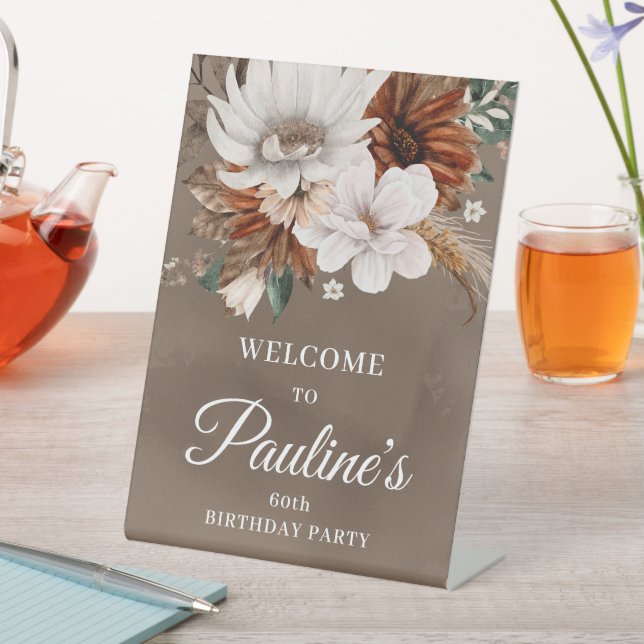 Signe De Table Fleurs d'automne neutres blanches 60e anniversaire (In SItu)