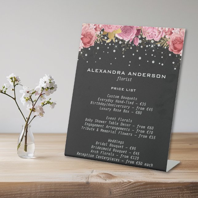 Signe De Table Fleurs de Diamant Rose Botanique Paillettes Salon  (Botanical Pink Flowers Diamond Glitter Black Salon Pedestal Sign)