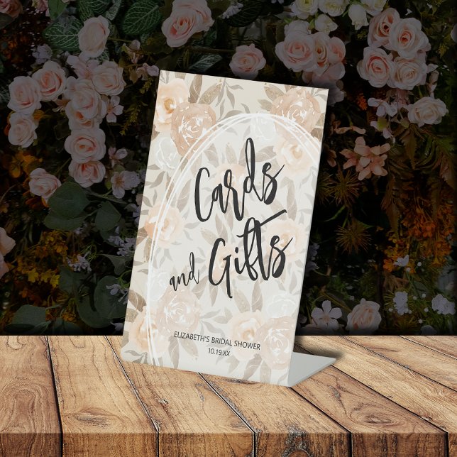 Signe De Table Fleurs de Pêche Rustiques CARTES et CADEAUX Enterr (Rustic Peach Flowers CARDS and GIFTS Bridal Shower Pedestal Sign)