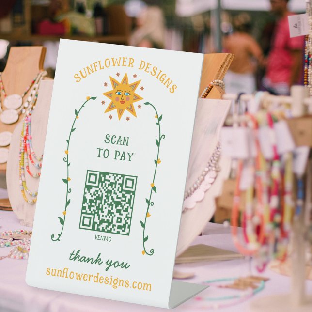 Signe De Table Fleurs de soleil BOHO Vignes CODE QR POUR PAYER SC (BOHO SUN Flowers Vines SCAN TO PAY QR CODE Pedestal Sign
)