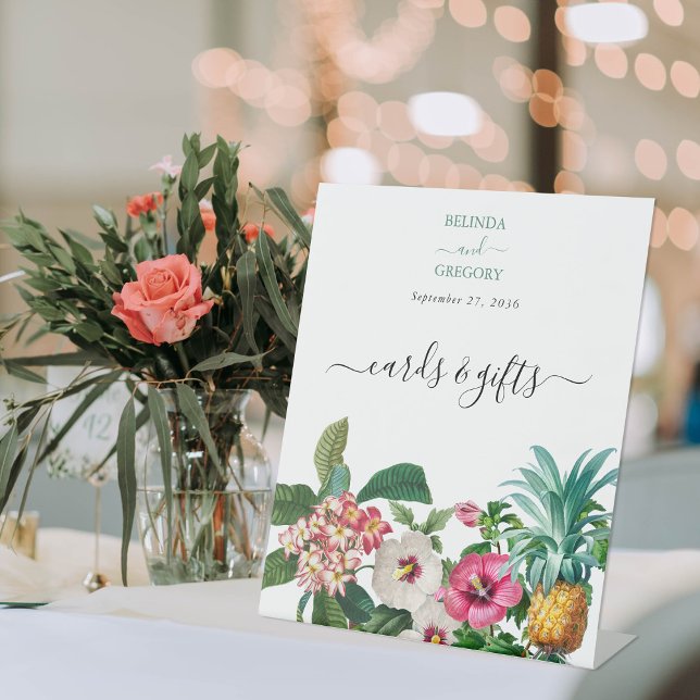 Signe De Table Fleurs tropicales et cartes de mariage vertes Cade (Tropical Flowers & Greenery Wedding Cards Gifts Pedestal Sign)