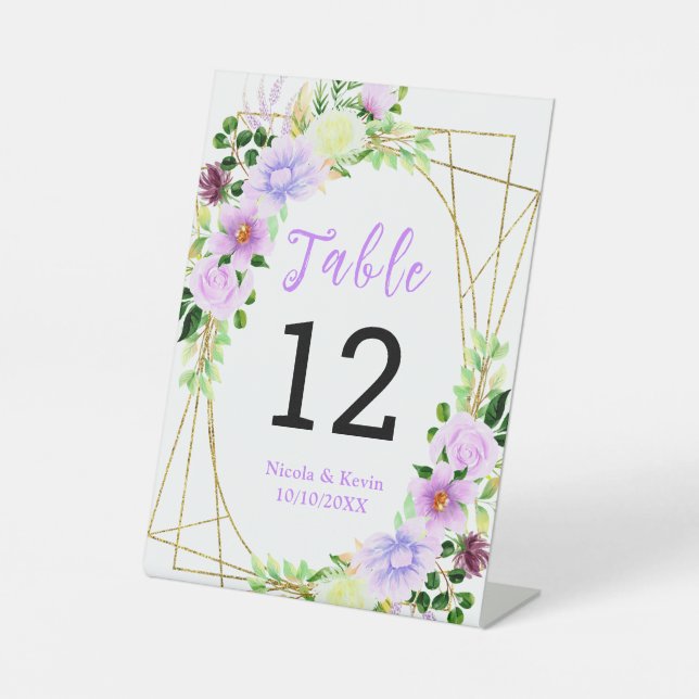 Signe De Table Fleurs violettes de printemps avec feuillage (Recto)