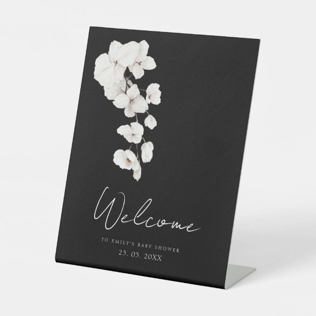 Signe De Table Floral Black White Orchid Baby shower Bienvenue (Recto)