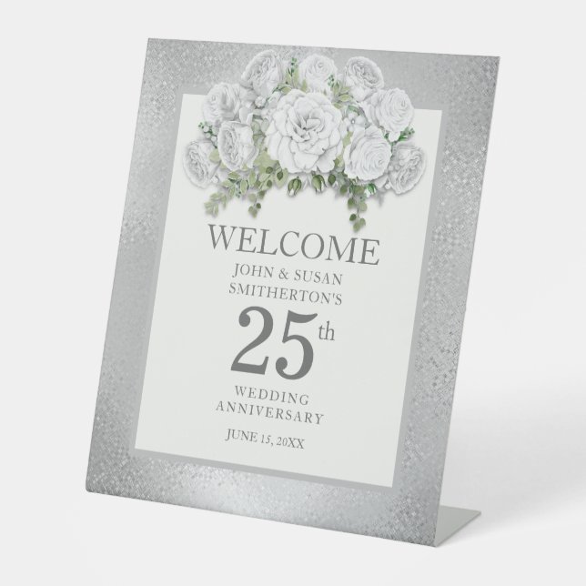 Signe De Table Floral blanc argenté 25e anniversaire Mariage (Recto)