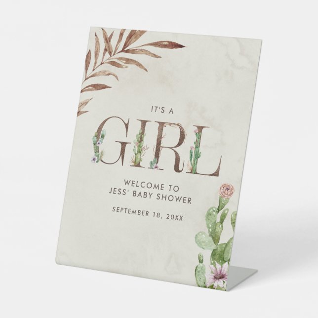 Signe De Table Floral Cactus Baby shower en cuir Bienvenue (Recto)