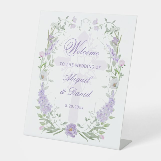 Signe De Table Floral Lilac Frame Religious Wedding Welcome (Recto)