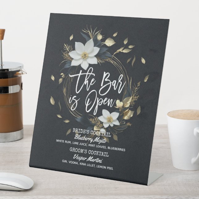 Signe De Table Floral Wreath Mariage The Bar is Open Drink Menu (In SItu)