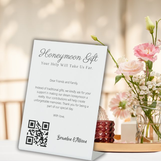 Signe De Table Fonds de lune de miel Registre Mariage Cadeau Qr C (Honeymoon Fund Wedding Registry Gift Qr Code Pedestal Sign)