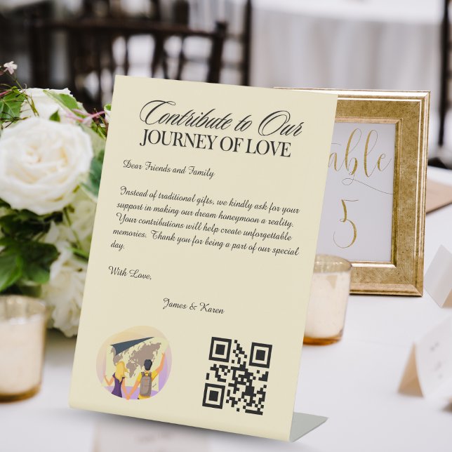 Signe De Table Fonds de lune de miel Registre Qr Code Mariage Cad (Honeymoon Fund Registry Qr Code Wedding Gift Pedestal Sign)
