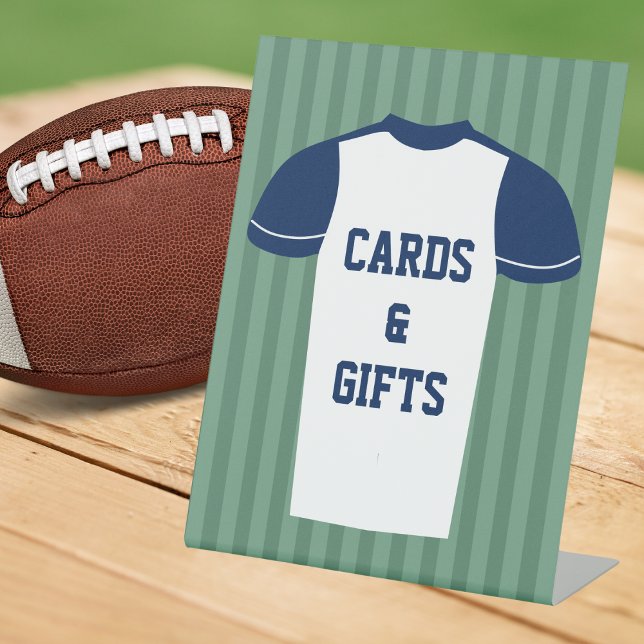 Signe De Table Football Jersey Jeu Jour de mariage Cartes et cade (Angled view jersey theme championship football wedding cards and gifts table sign)