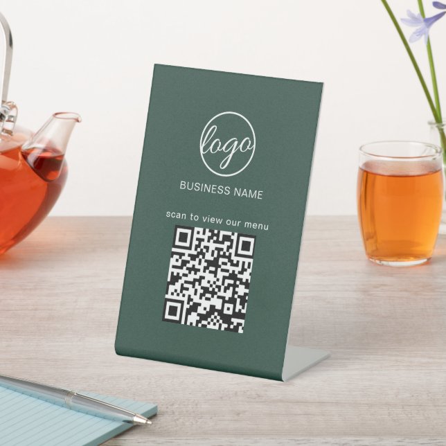 Signe De Table Forest Green Menu Restaurant Business Logo Code QR (In SItu)
