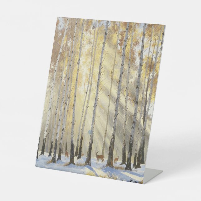 Signe De Table Forêt de bouleaux en hiver avec cerfs (Recto)